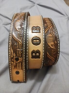 5 For $25! Vtg Hand-Tooled Brown and Tan Leather Men's Belt with 'BOB' Monogram